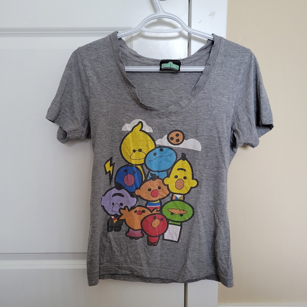 Sesame Street Gray and Yellow Short Sleeve Tee - Small Wear Holes On Front